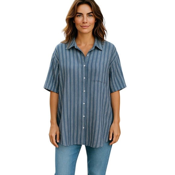 Woman Within Top Womens Size 2X Plus Blue Cotton Striped Button Front Tunic New - Picture 1 of 14